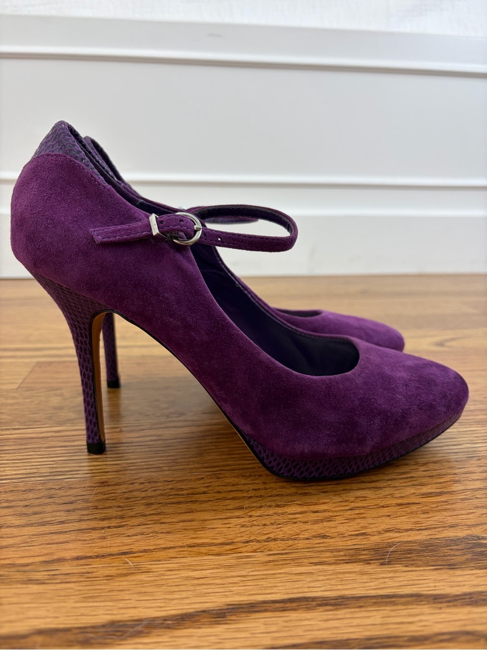 WHBM Rory Purple Suede Mary Jane High Heels with Ankle Strap (7.5)